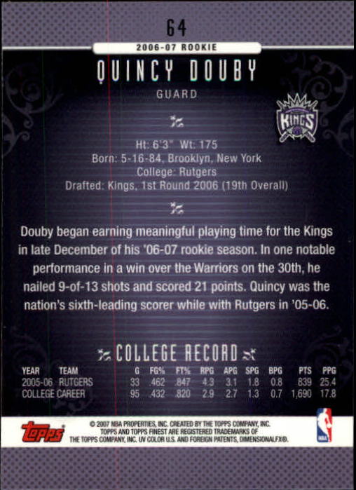 2006-07 Finest #64 Quincy Douby RC back image