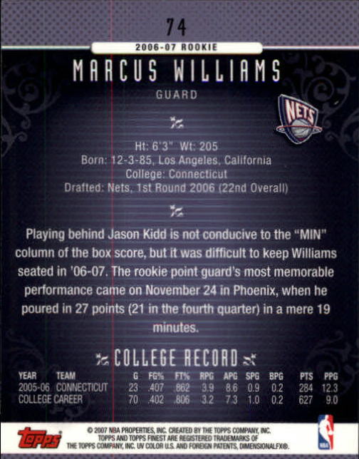 2006-07 Finest #74 Marcus Williams RC back image