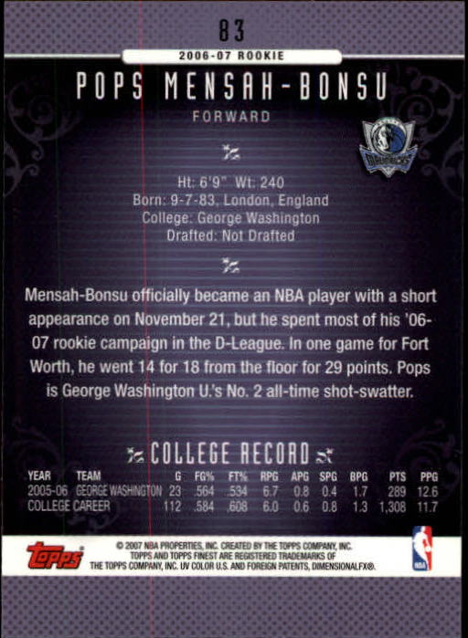 2006-07 Finest #83 Pops Mensah-Bonsu RC back image