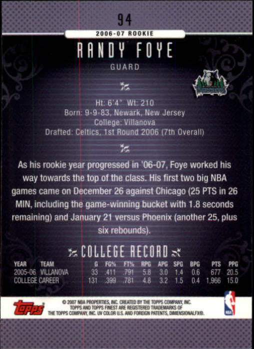 2006-07 Finest #94 Randy Foye RC back image
