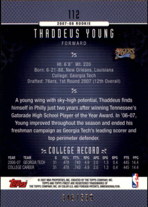 2006-07 Finest #112 Thaddeus Young XRC back image