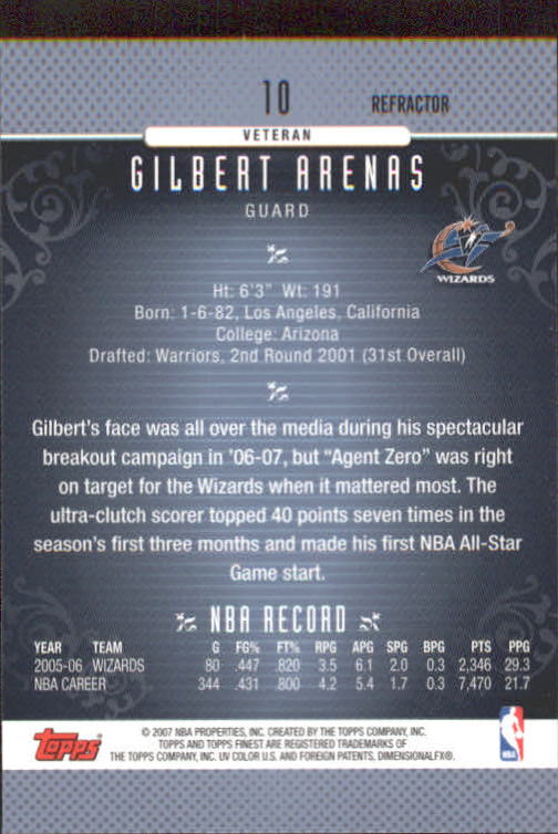 2006-07 Finest Refractors #10 Gilbert Arenas back image