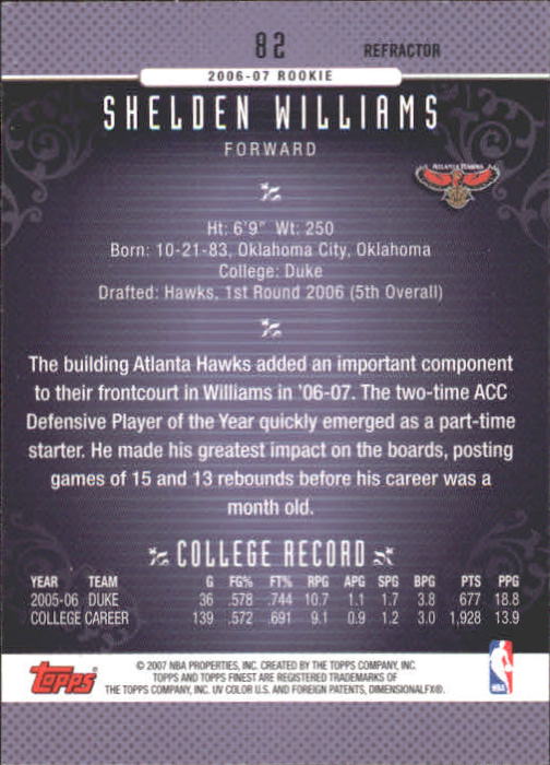 2006-07 Finest Refractors #82 Shelden Williams back image