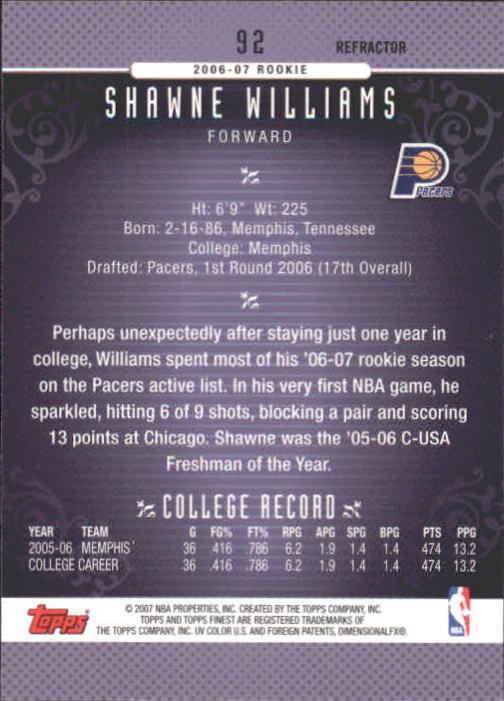 2006-07 Finest Refractors #92 Shawne Williams back image