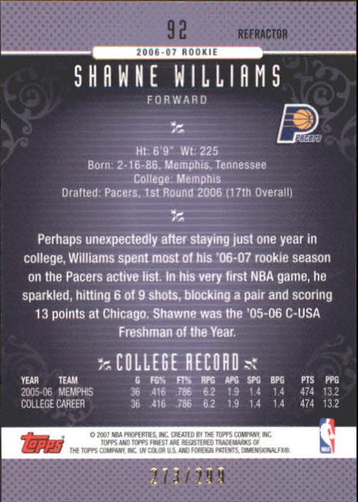 2006-07 Finest Refractors Blue #92 Shawne Williams back image