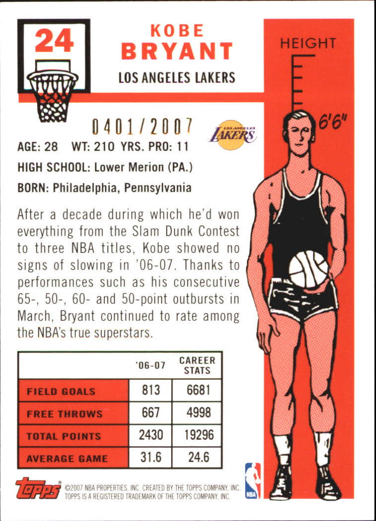 2007-08 Topps 1957-58 Variations Gold #24 Kobe Bryant back image