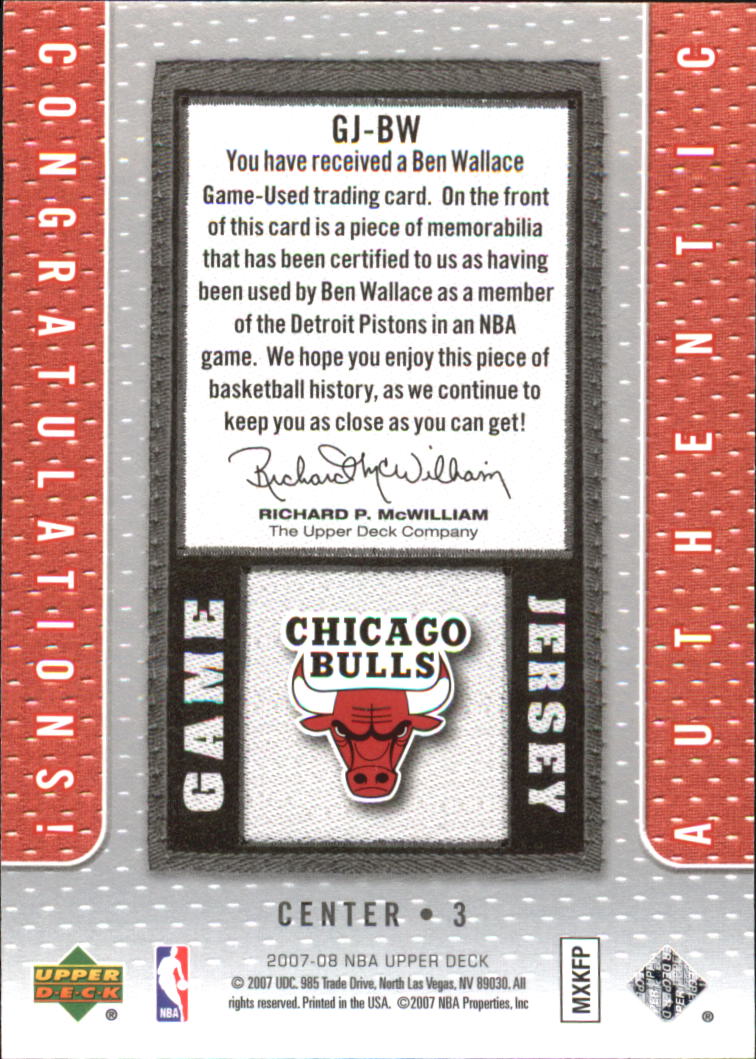 2007-08 Upper Deck UD Game Jersey #BW Ben Wallace back image