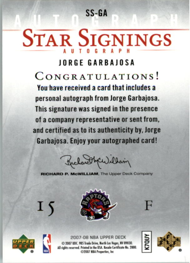 2007-08 Upper Deck Star Signings #GA Jorge Garbajosa back image