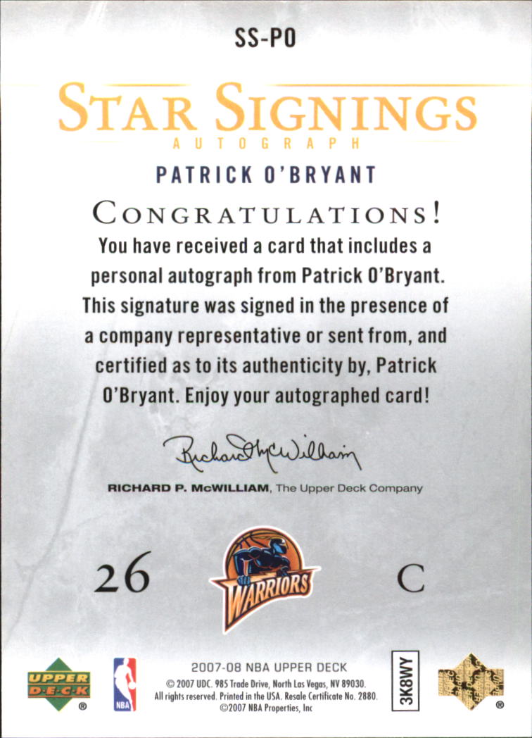 2007-08 Upper Deck Star Signings #PO Patrick O'Bryant back image