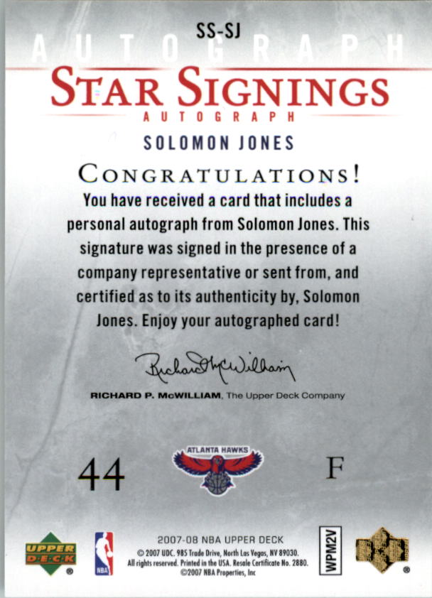 2007-08 Upper Deck Star Signings #SJ Solomon Jones back image