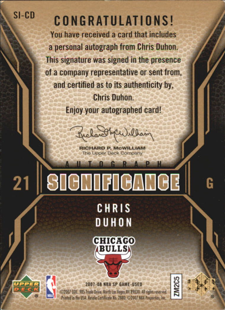 2007-08 SP Game Used SIGnificance #SICD Chris Duhon back image