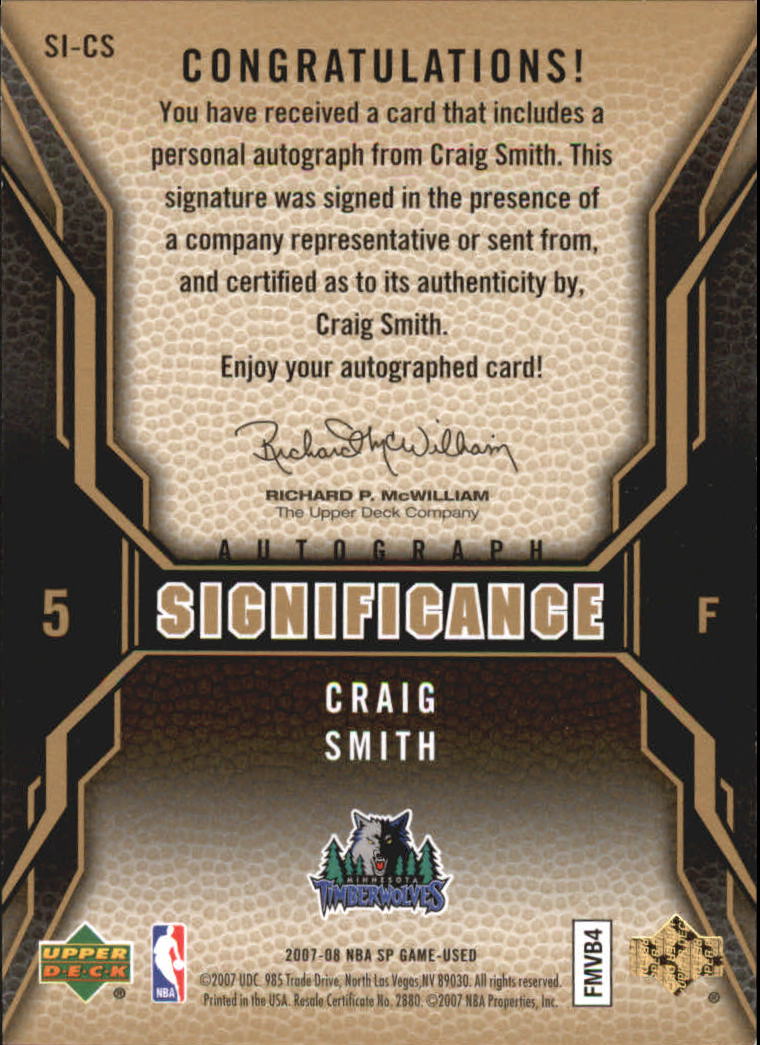 2007-08 SP Game Used SIGnificance #SICS Craig Smith back image