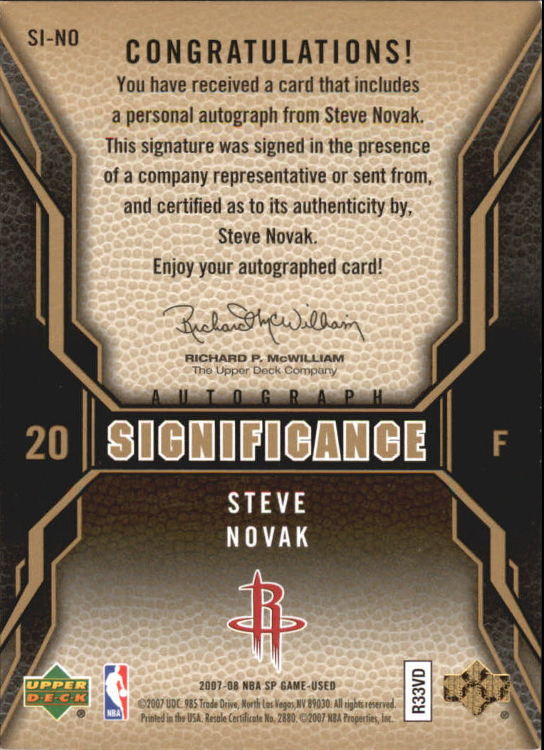 2007-08 SP Game Used SIGnificance #SINO Steve Novak back image