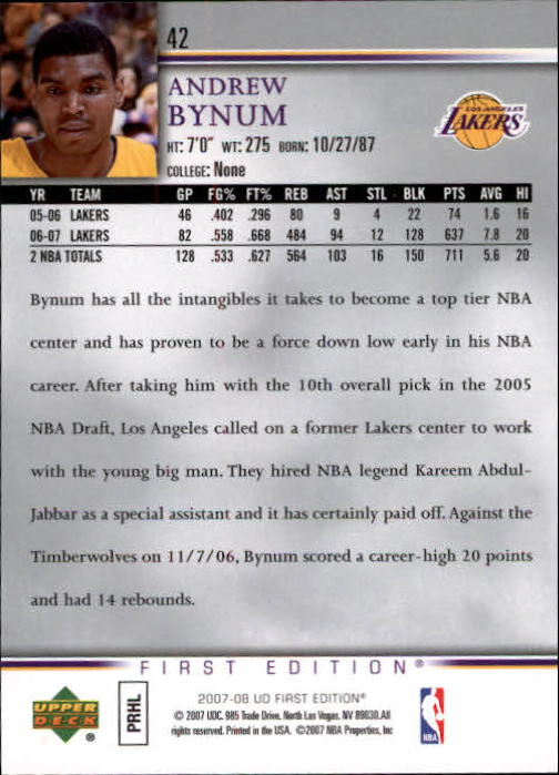 2007-08 Upper Deck First Edition #42 Andrew Bynum back image