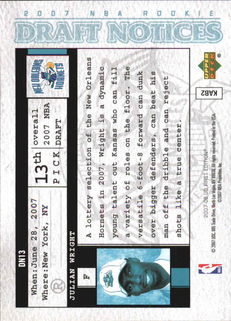 2007-08 Upper Deck First Edition Draft Notices #DN13 Julian Wright back image