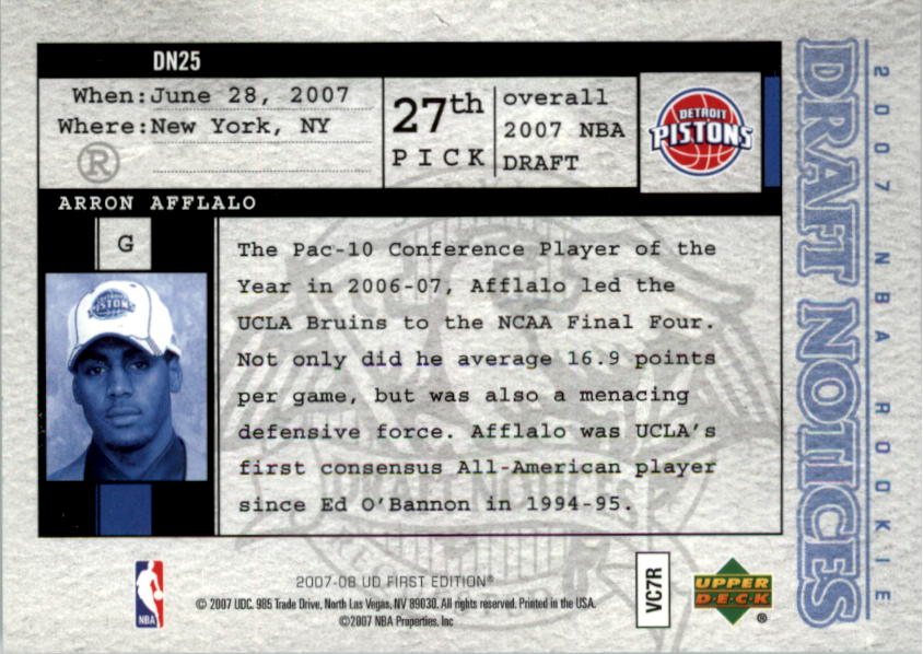 2007-08 Upper Deck First Edition Draft Notices #DN25 Arron Afflalo back image