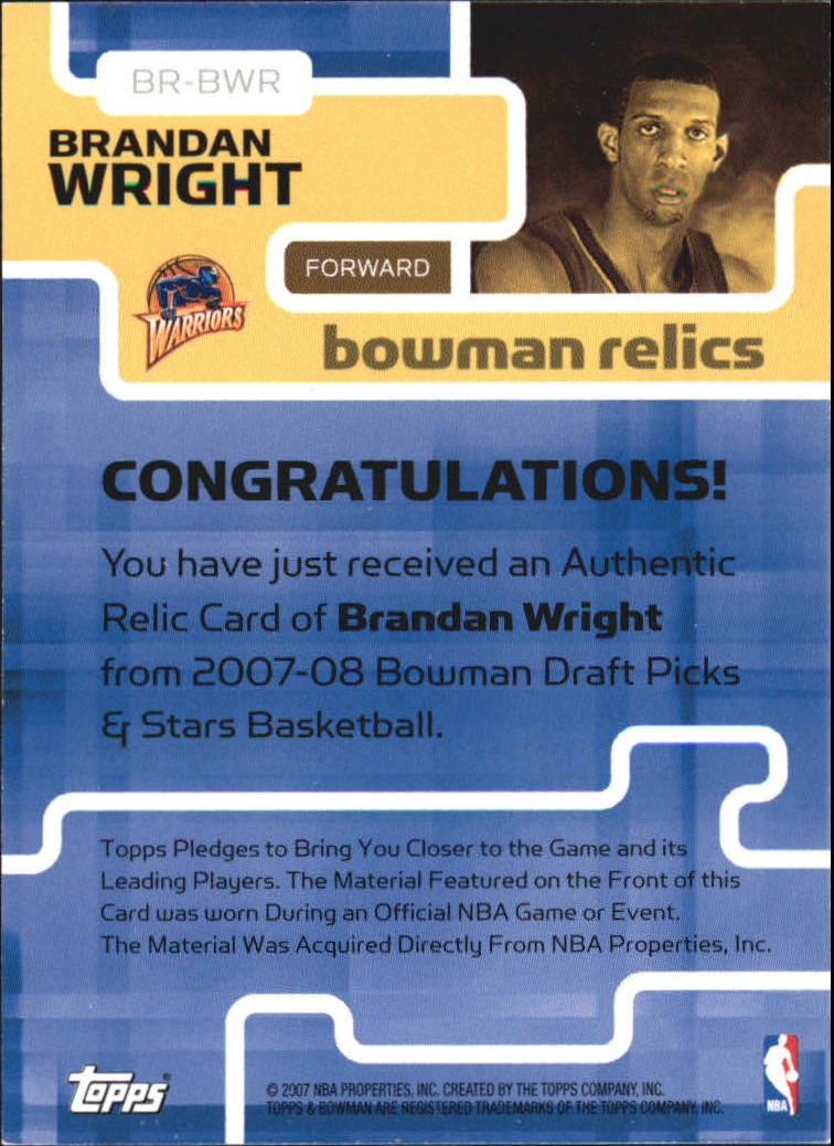 2007-08 Bowman Relics #BWR Brandan Wright back image