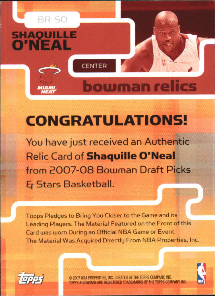 2007-08 Bowman Relics #SO Shaquille O'Neal back image