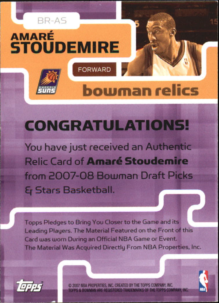 2007-08 Bowman Relics #AS Amare Stoudemire back image