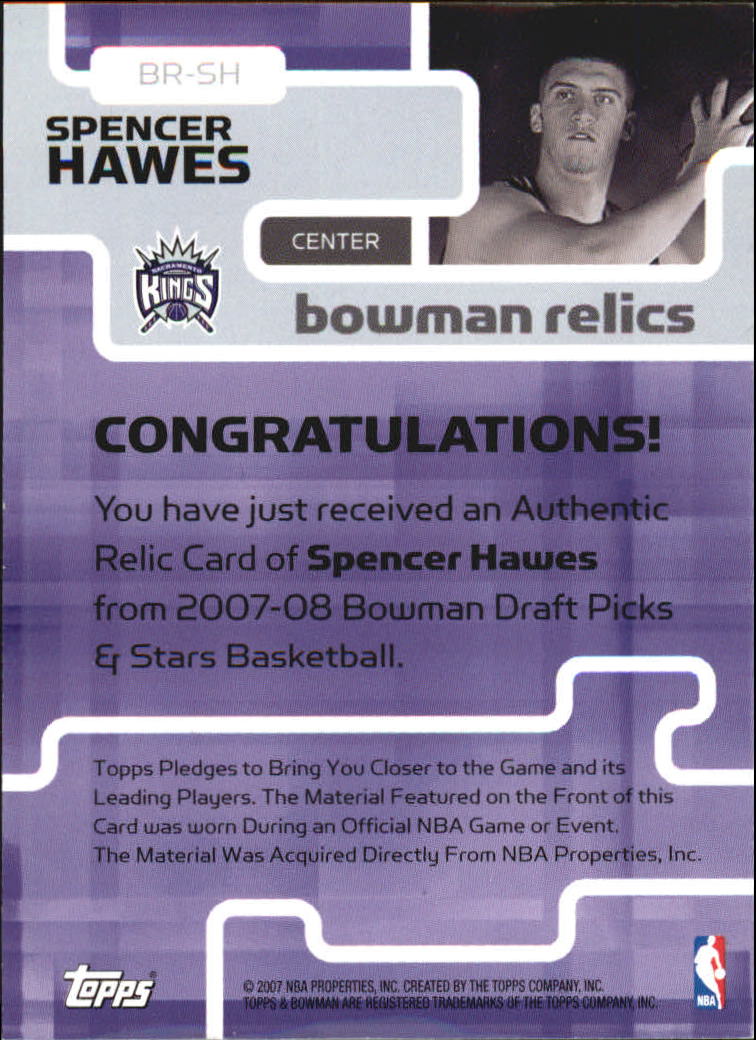 2007-08 Bowman Relics #SH Spencer Hawes back image