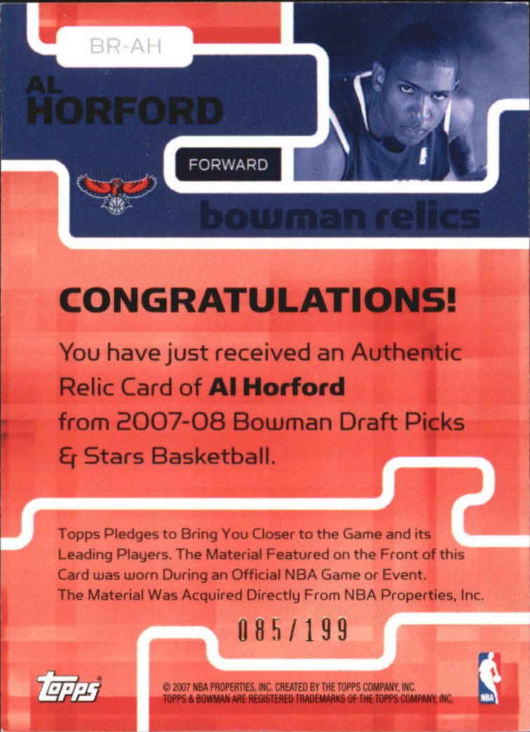2007-08 Bowman Relics Dual #AH Al Horford back image