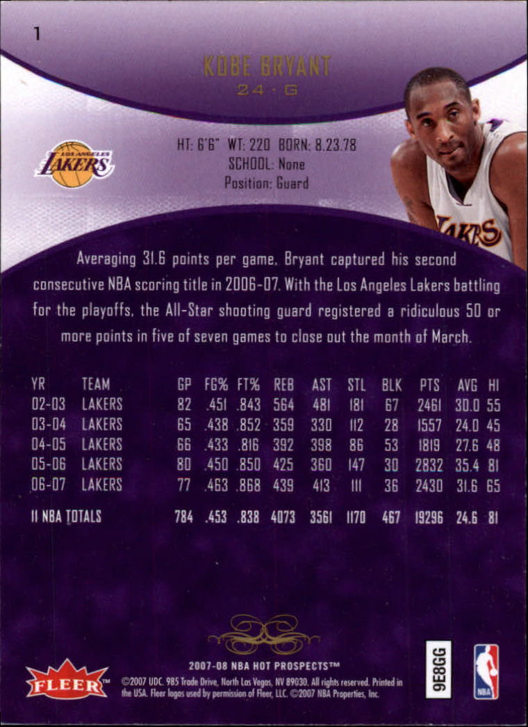 2007-08 Fleer Hot Prospects #1 Kobe Bryant back image