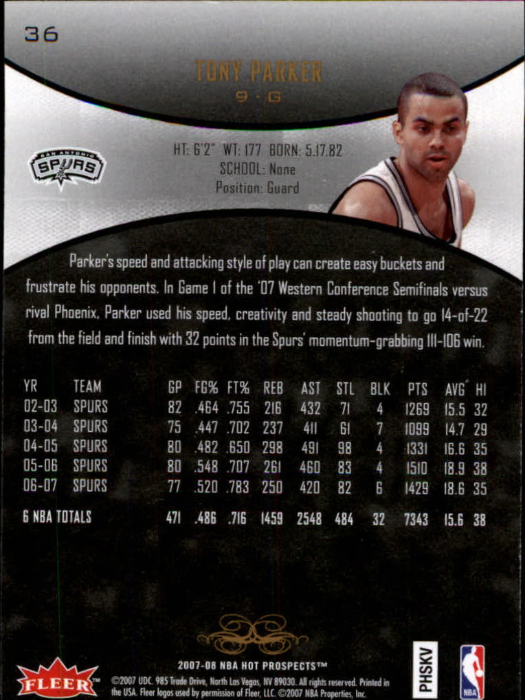 2007-08 Fleer Hot Prospects #36 Tony Parker back image