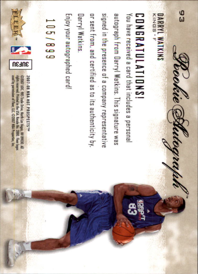 2007-08 Fleer Hot Prospects #93 Darryl Watkins AU RC back image