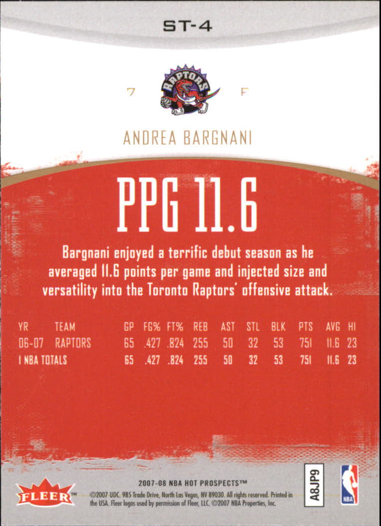 2007-08 Fleer Hot Prospects Stat Tracker #ST4 Andrea Bargnani back image