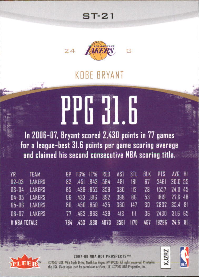 2007-08 Fleer Hot Prospects Stat Tracker #ST21 Kobe Bryant back image