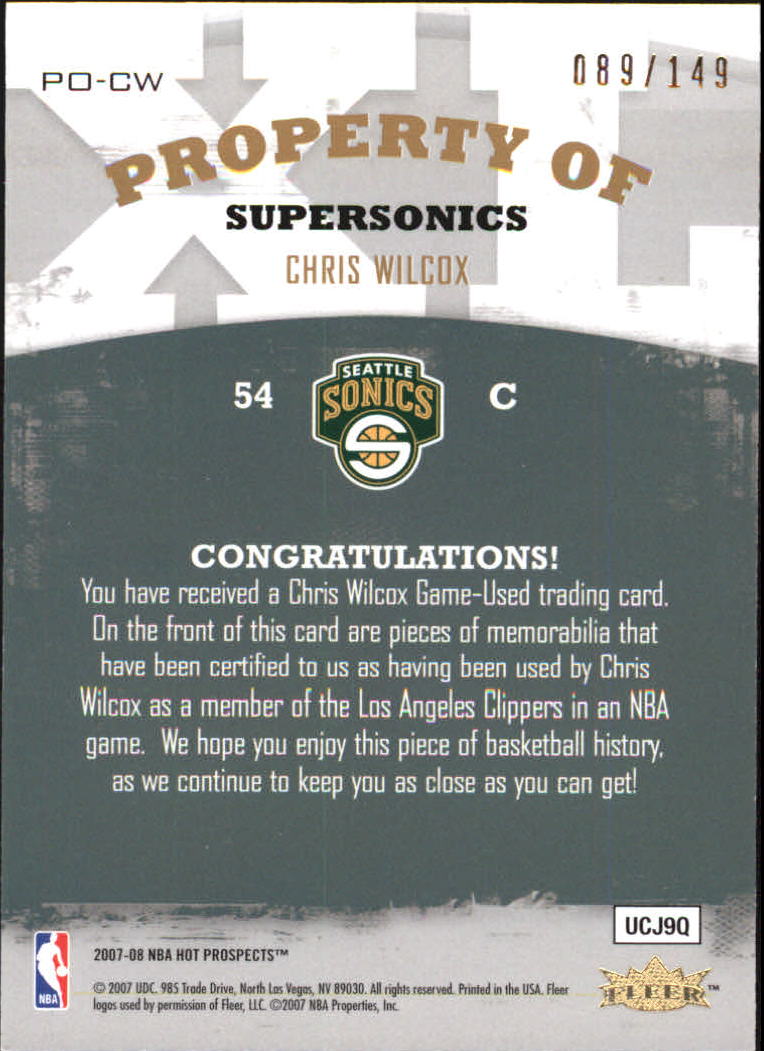 2007-08 Fleer Hot Prospects Property of #CW Chris Wilcox back image
