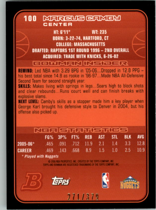 2006-07 Bowman Silver #100 Marcus Camby back image