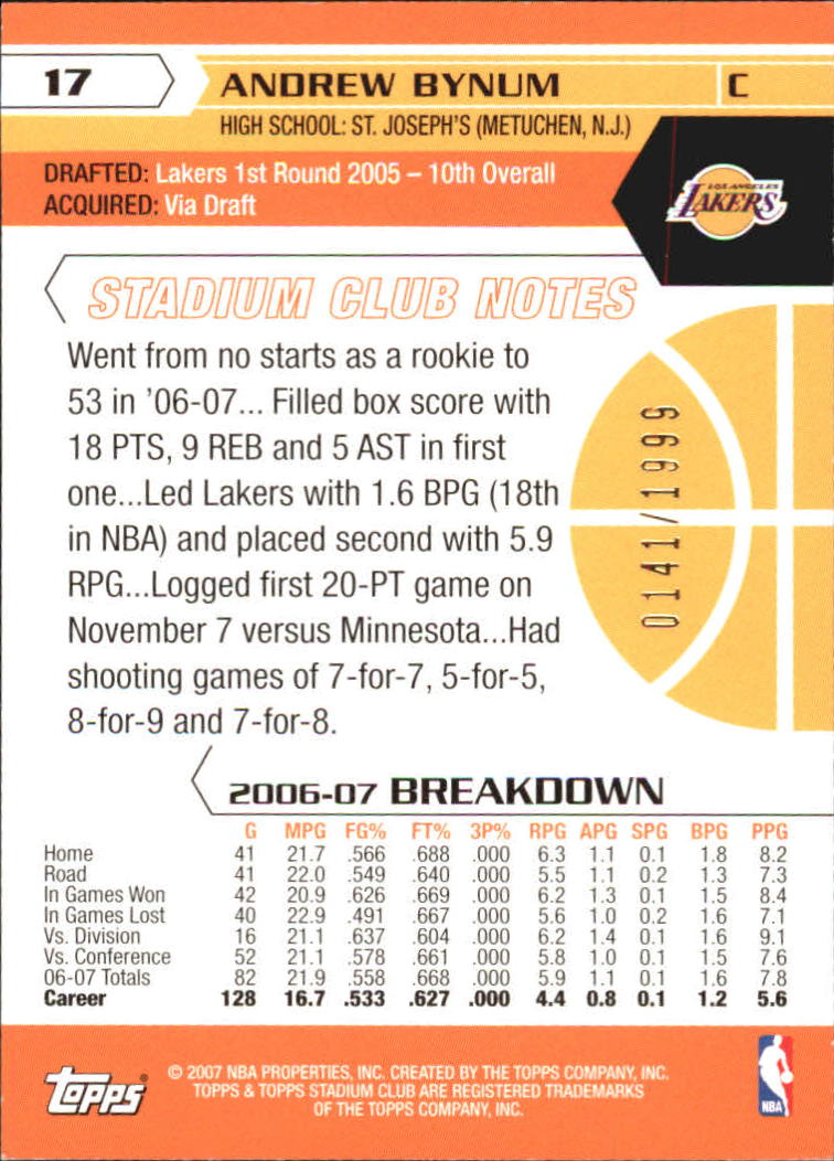 2007-08 Stadium Club First Day Issue #17 Andrew Bynum back image