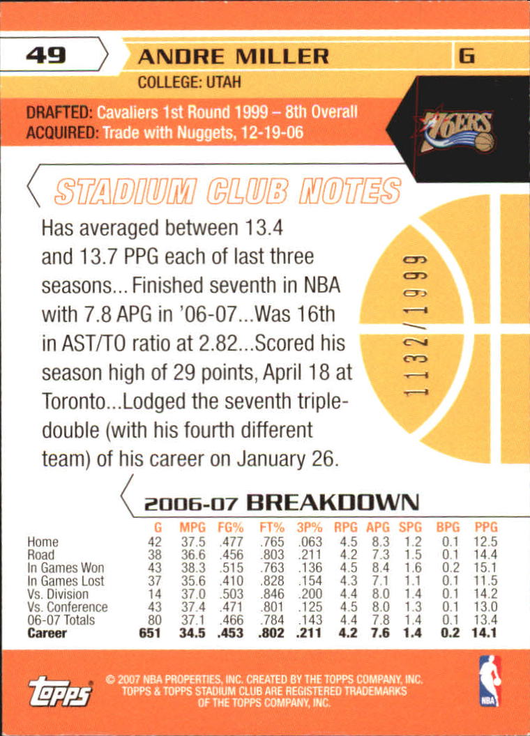 2007-08 Stadium Club First Day Issue #49 Andre Miller back image