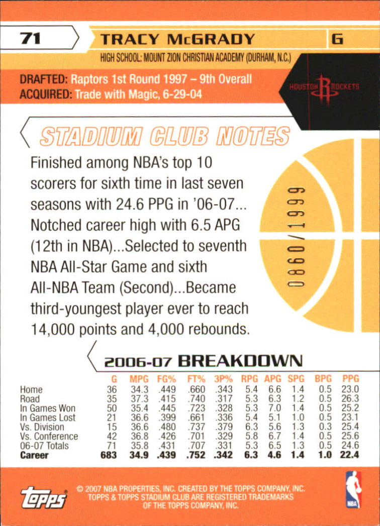 2007-08 Stadium Club First Day Issue #71 Tracy McGrady back image