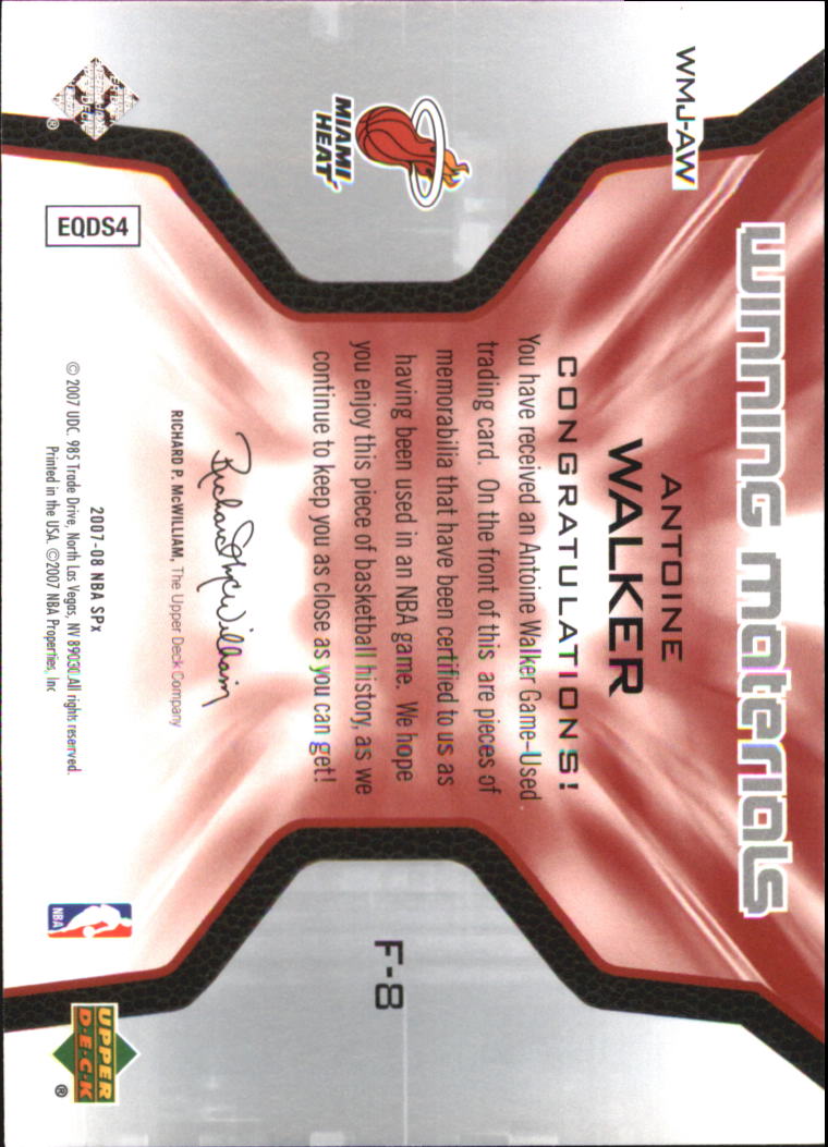 2007-08 SPx Winning Materials Jersey Numbers #AW Antoine Walker back image