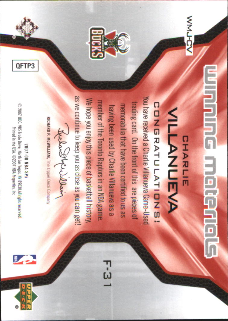 2007-08 SPx Winning Materials Jersey Numbers #CV Charlie Villanueva back image