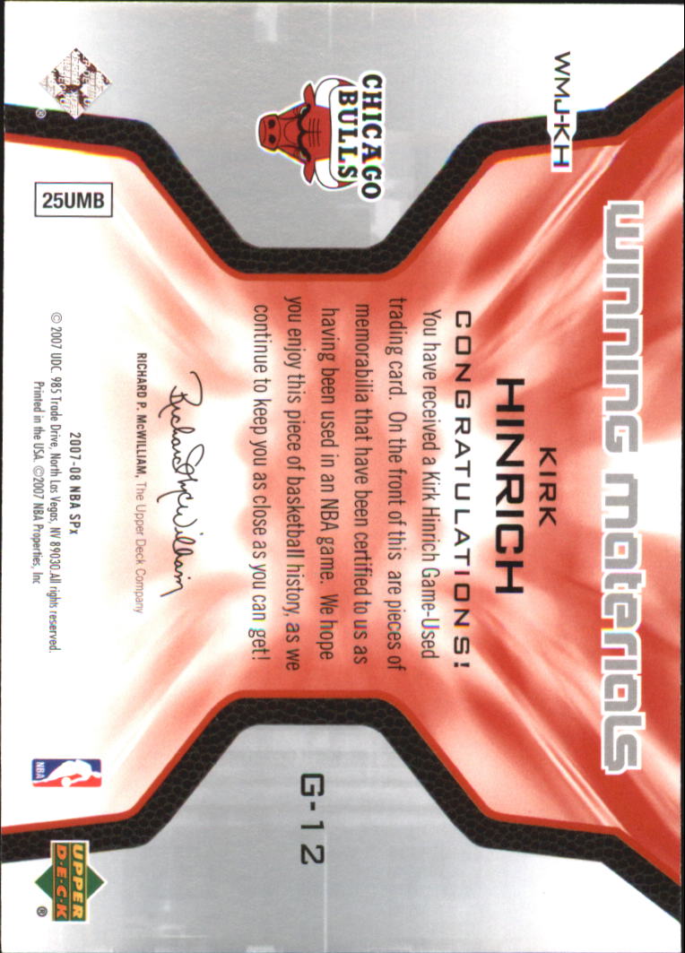 2007-08 SPx Winning Materials Jersey Numbers #KH Kirk Hinrich back image