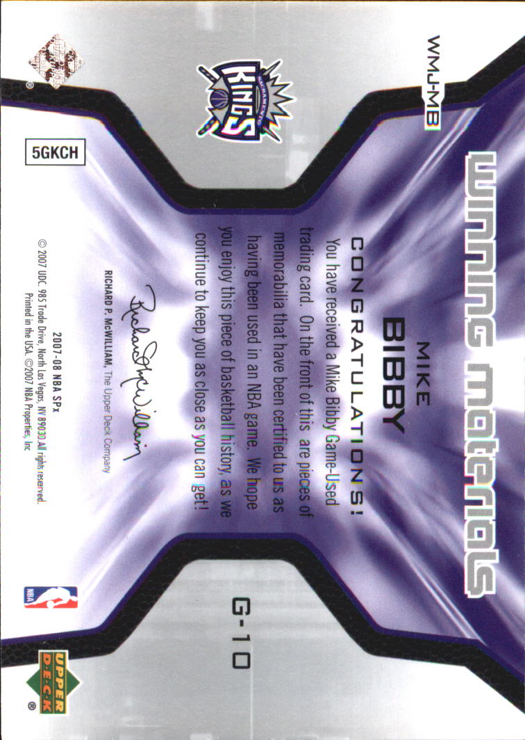 2007-08 SPx Winning Materials Jersey Numbers #MB Mike Bibby back image
