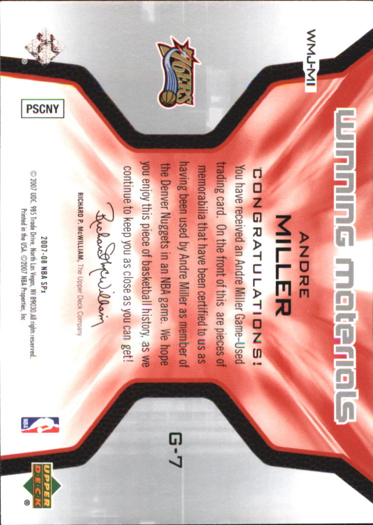 2007-08 SPx Winning Materials Jersey Numbers #MI Andre Miller back image