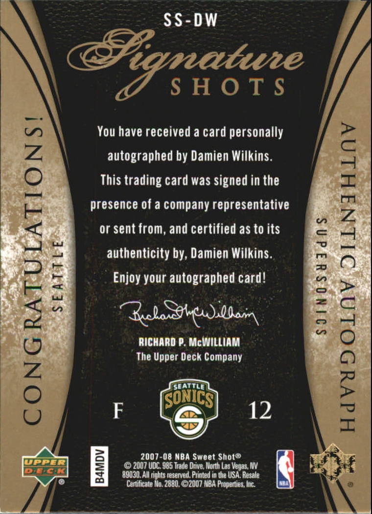 2007-08 Sweet Shot Signature Shots Black Ink #WI2 Damien Wilkins/195 back image
