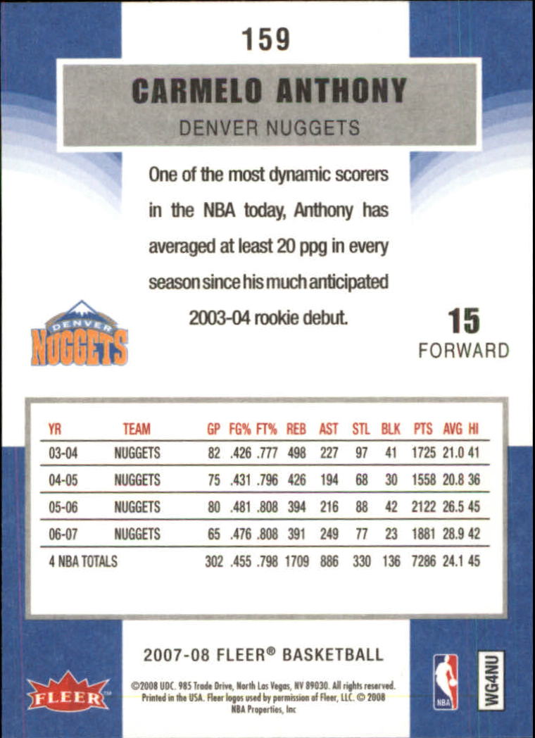 2007-08 Fleer #159 Carmelo Anthony back image