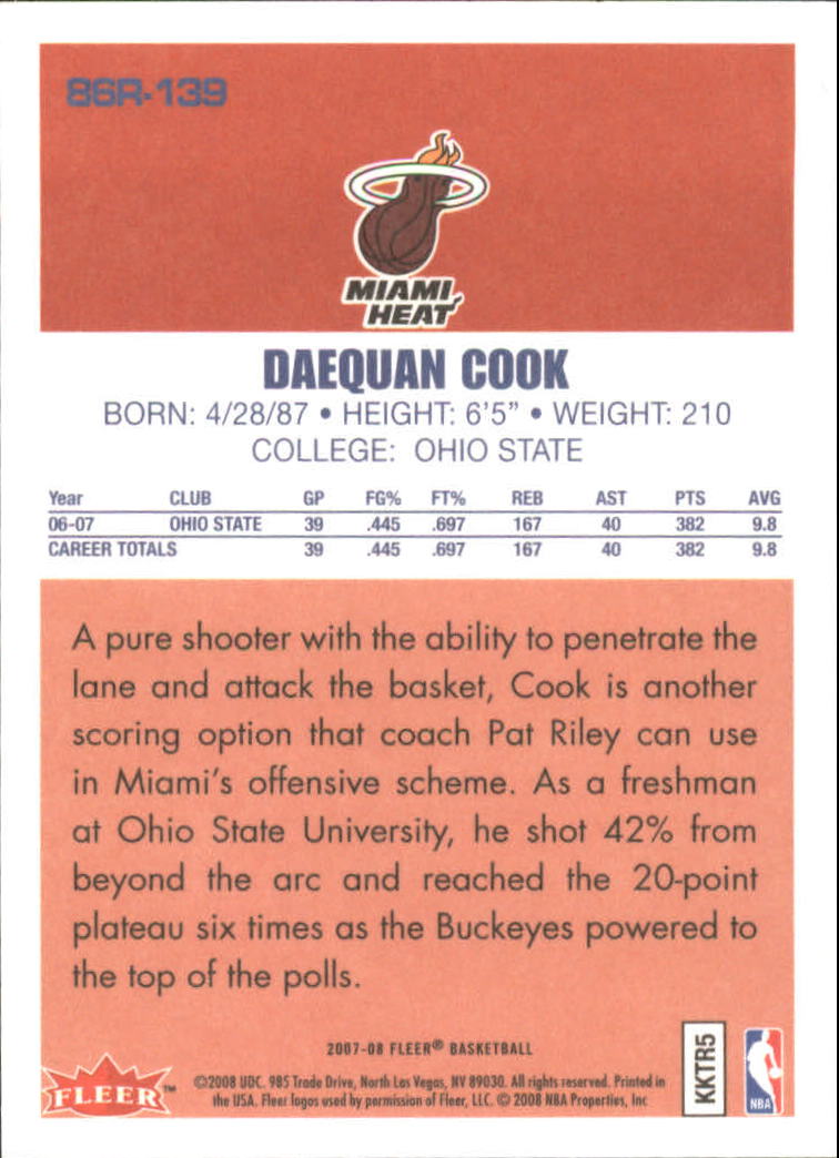 2007-08 Fleer 1986-87 Rookies #139 Daequan Cook back image