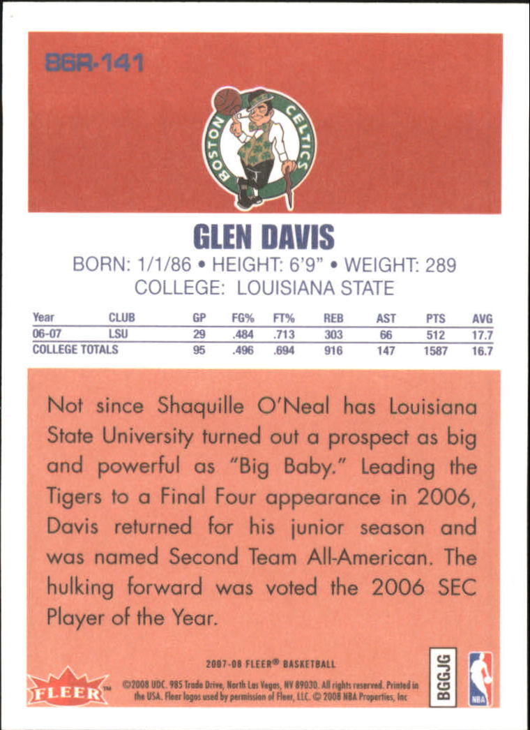 2007-08 Fleer 1986-87 Rookies #141 Glen Davis back image