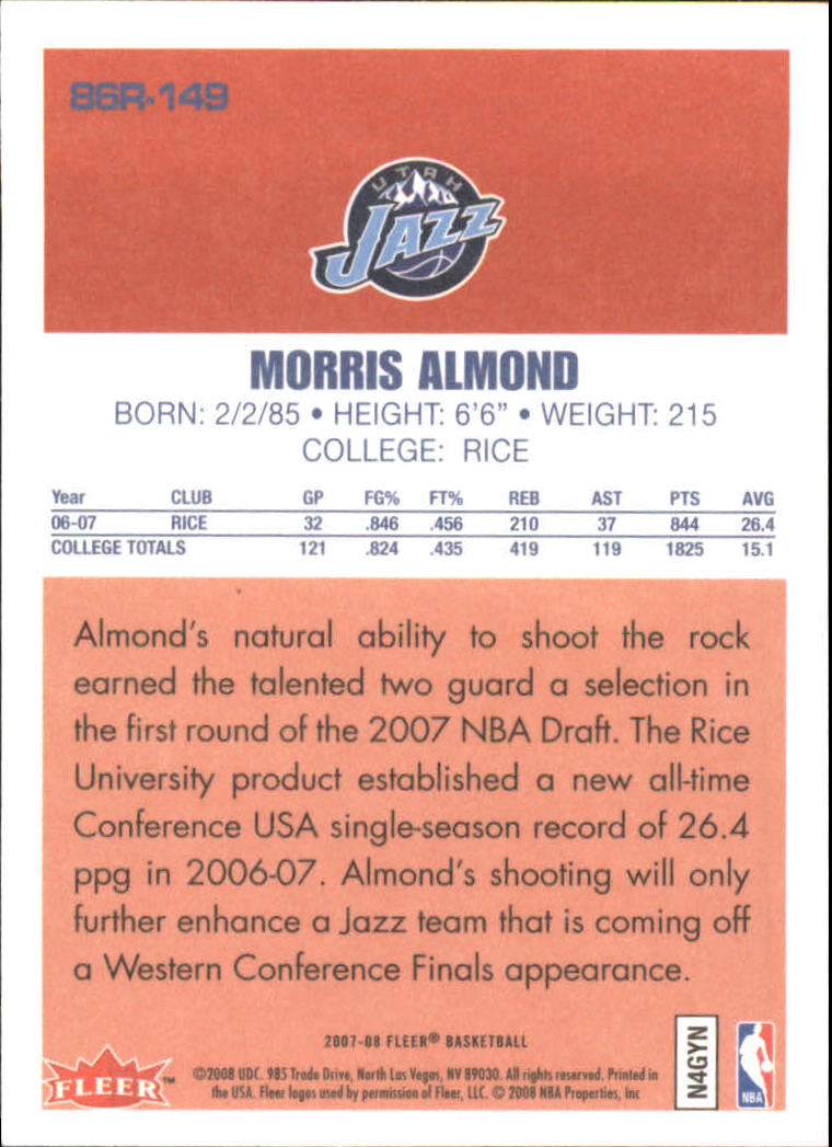 2007-08 Fleer 1986-87 Rookies #149 Morris Almond back image