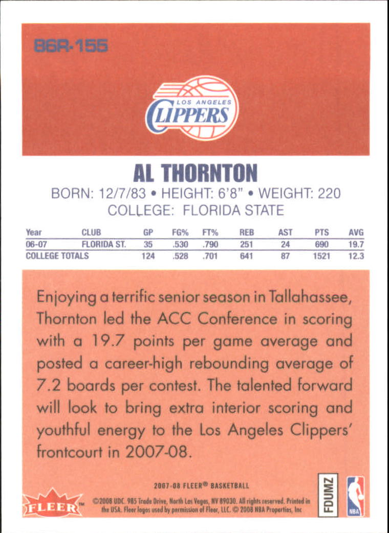 2007-08 Fleer 1986-87 Rookies #155 Al Thornton back image