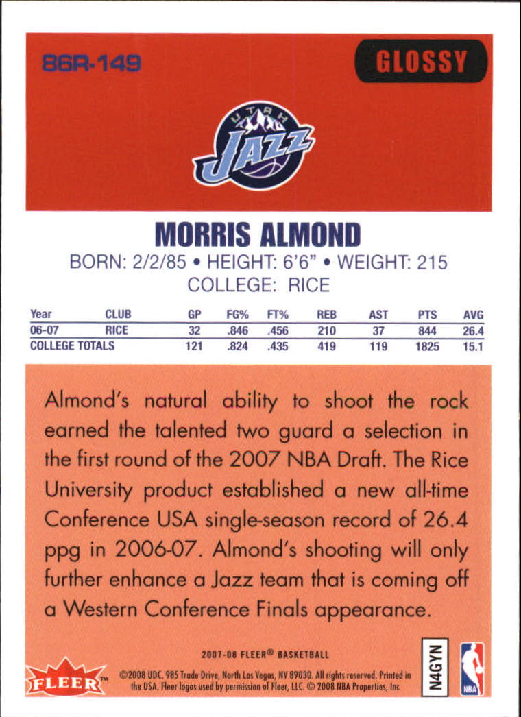 2007-08 Fleer 1986-87 Rookies Glossy #149 Morris Almond back image