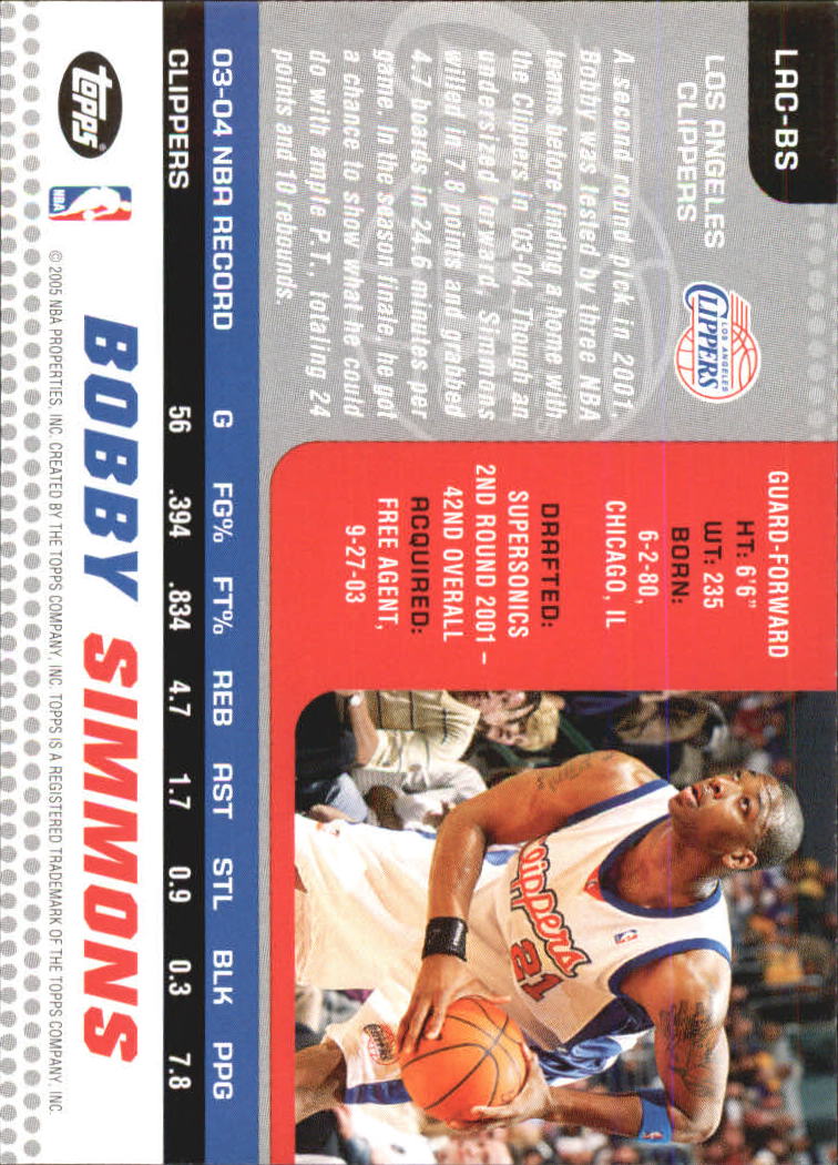 2004-05 Clippers Topps #LACBS Bobby Simmons back image