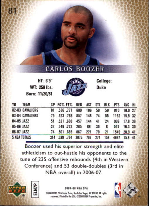 2007-08 SP Authentic #81 Carlos Boozer back image