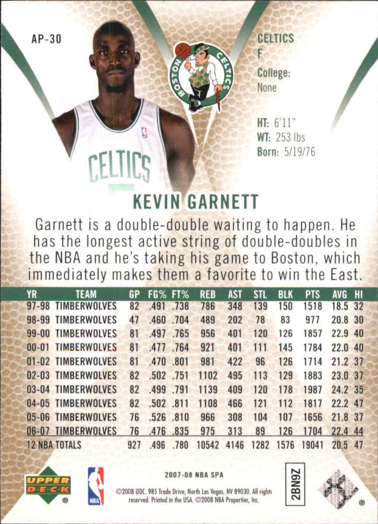 2007-08 SP Authentic Profiles #AP30 Kevin Garnett back image